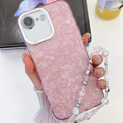 iPhone 17e / 16e Plating Glitter Texture Chain Wristband TPU Phone Case with Lens Film - Pink Shell Pattern