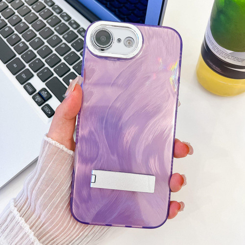 iPhone 17e / 16e Plating Glitter Texture Fold Holder TPU Phone Case with Lens Film - Purple Feather Yarn