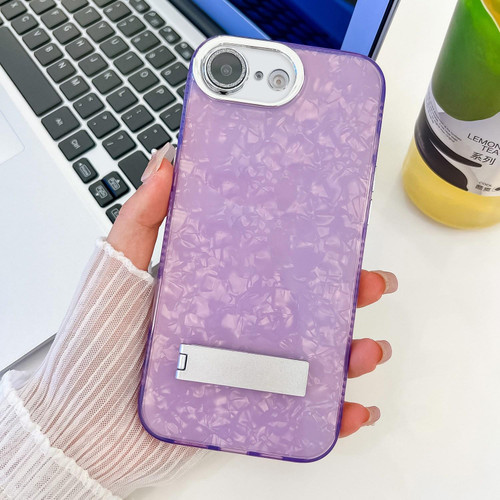 iPhone 17e / 16e Plating Glitter Texture Fold Holder TPU Phone Case with Lens Film - Purple Shell Pattern