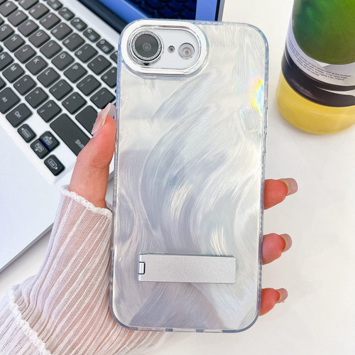 iPhone 17e / 16e Plating Glitter Texture Fold Holder TPU Phone Case with Lens Film - White Feather Yarn