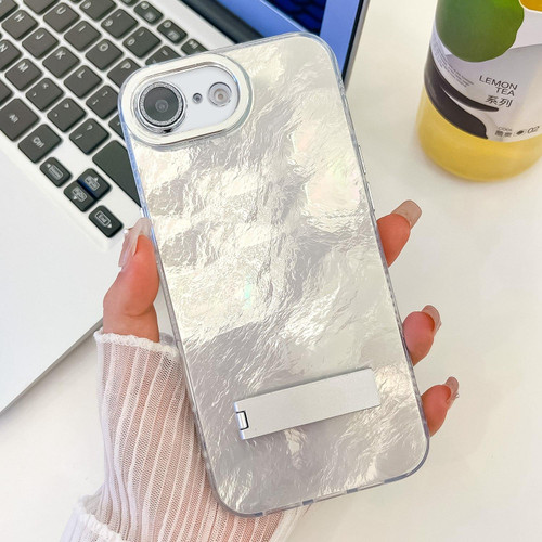 iPhone 17e / 16e Plating Glitter Texture Fold Holder TPU Phone Case with Lens Film - White Tinfoil Texture