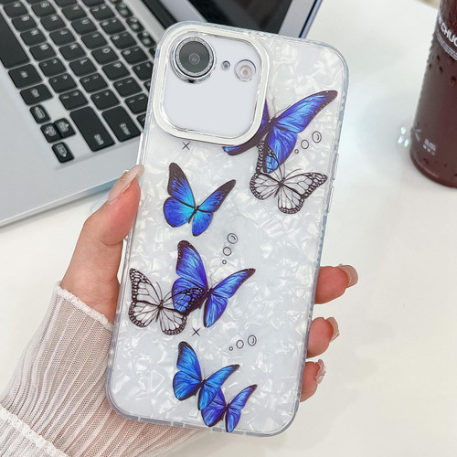 iPhone 17e / 16e Plating Texture Butterfly TPU Phone Case with Glitter Lens Film - Blue Butterflies HU3