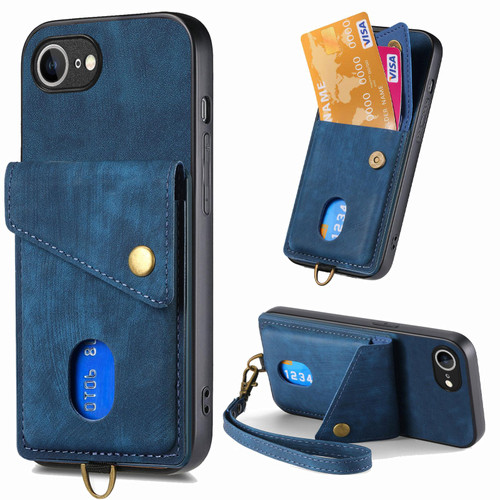 iPhone 17e / 16e Retro Card Wallet Fold Leather Phone Case with Strap - Blue