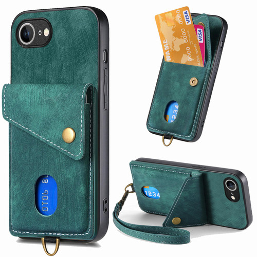 iPhone 17e / 16e Retro Card Wallet Fold Leather Phone Case with Strap - Green