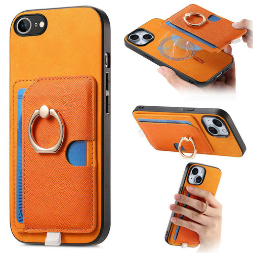 iPhone 17e / 16e Retro Cross Leather Ring Side Insert Card Bag MagSafe Phone Case - Yellow