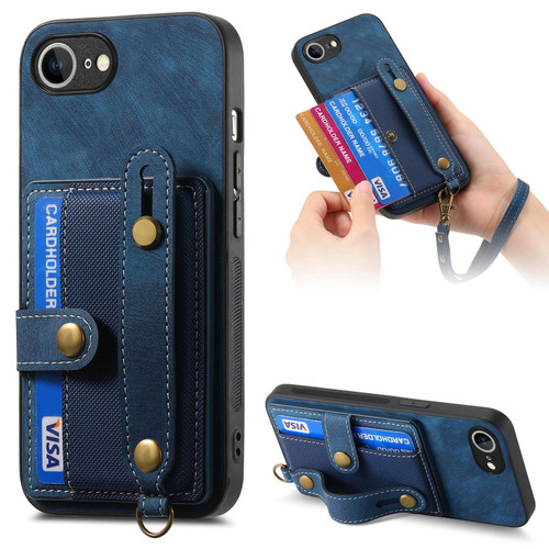 iPhone 17e / 16e Retro Cross Wristband Wallet Leather Back Phone Case - Blue