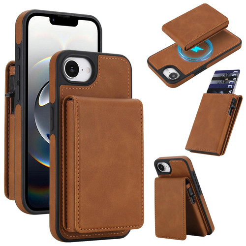iPhone 17e / 16e Retro Faux Leather Detachable Spring Loaded Card Bag Magnetic RFID Phone Case - Brown