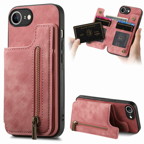 iPhone 17e / 16e Retro Leather Zipper Wallet Back Phone Case - Pink