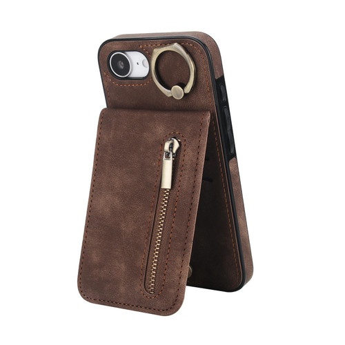 iPhone 17e / 16e Retro Ring and Zipper RFID Card Slot Phone Case - Brown