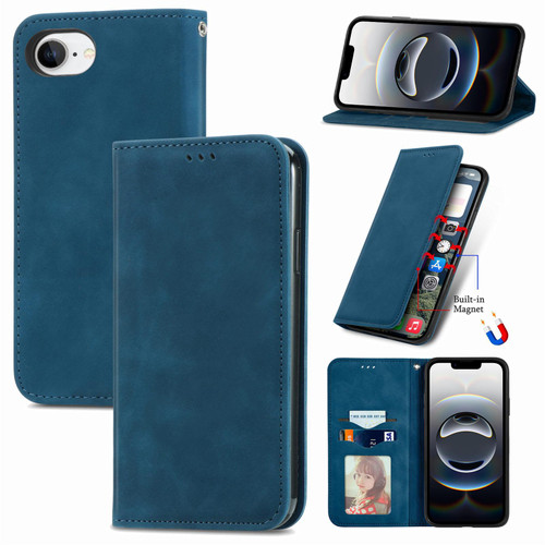 iPhone 17e / 16e Retro Skin Feel Magnetic Leather Phone Case - Blue