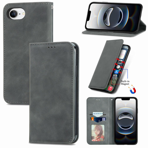 iPhone 17e / 16e Retro Skin Feel Magnetic Leather Phone Case - Gray