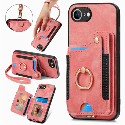 iPhone 17e / 16e Retro Skin-feel Ring Multi-card Wallet Phone Case - Pink