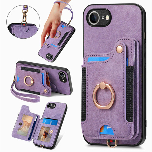 iPhone 17e / 16e Retro Skin-feel Ring Multi-card Wallet Phone Case - Purple
