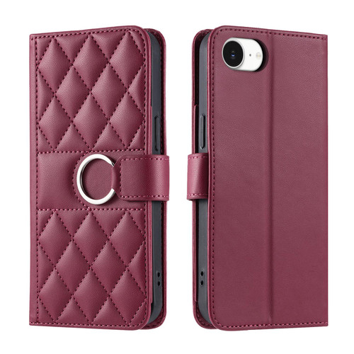 iPhone 17e / 16e Ring Buckle Rhombic Leather Phone Case - Red