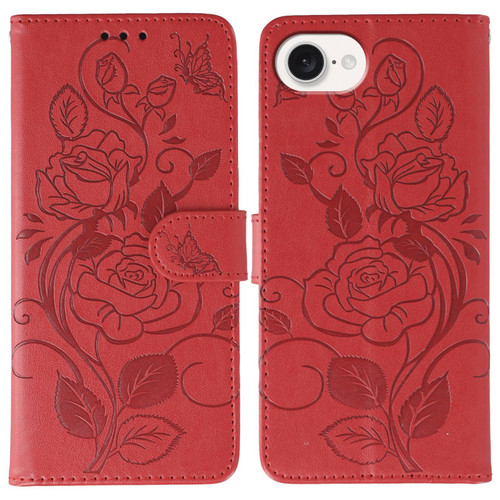 iPhone 17e / 16e Rose Butterfly Embossed Leather Phone Case - Red