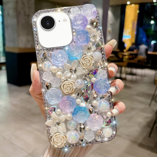 iPhone 17e / 16e Rose Hand-set Pearl Diamond PC Phone Case - Blue