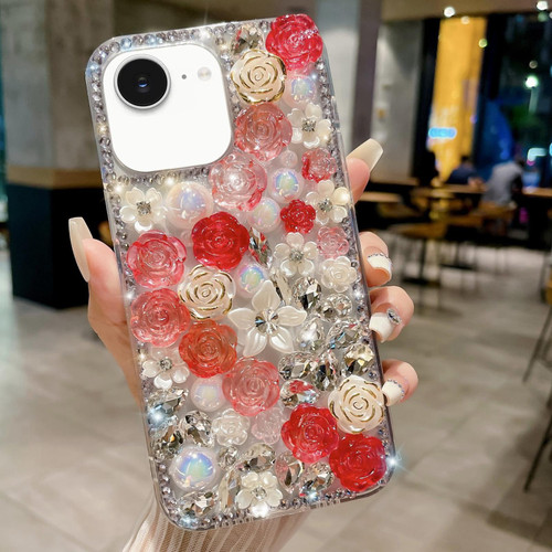 iPhone 17e / 16e Rose Hand-set Pearl Diamond PC Phone Case - Red