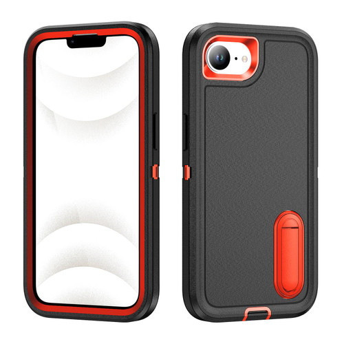 iPhone 17e / 16e Rugged PC + Silicone Phone Case with Holder - Black+Orange