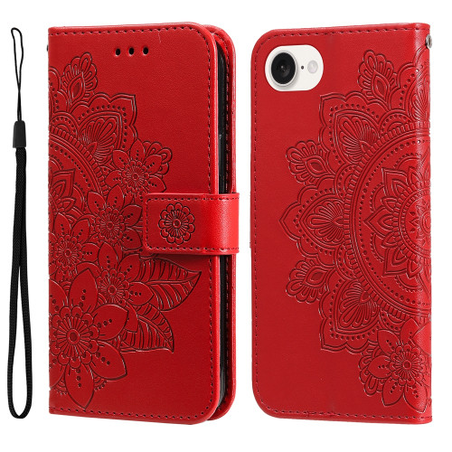 iPhone 17e / 16e Seven-petal Flowers Embossing Leather Phone Case - Red