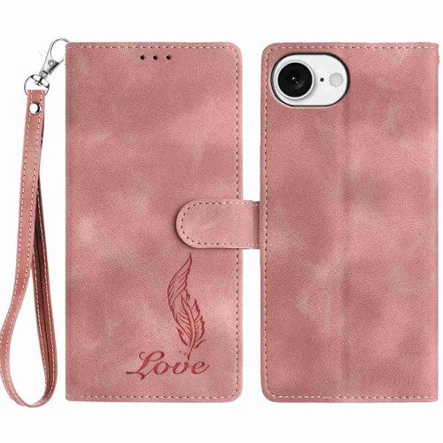 iPhone 17e / 16e Skin Feel Embossed Feather Leather Phone Case - Pink