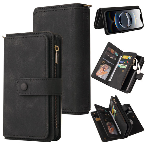 iPhone 17e / 16e Skin Feel Multi Card Slots Zipper Wallet Leather Phone Case - Black