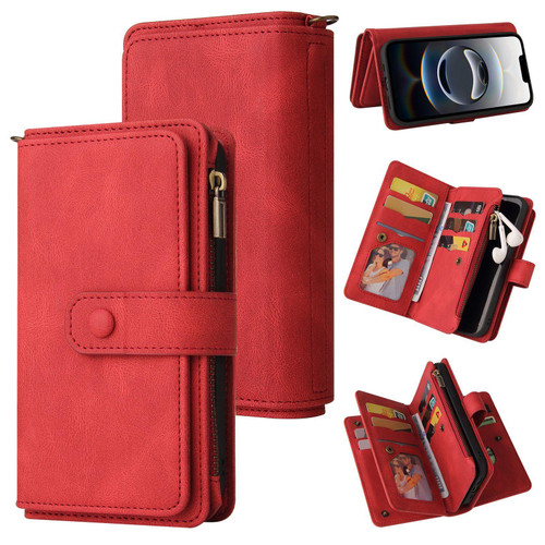 iPhone 17e / 16e Skin Feel Multi Card Slots Zipper Wallet Leather Phone Case - Red