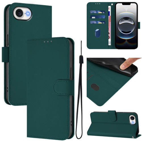 iPhone 17e / 16e Skin Feel Solid Color Leather Phone Case with Lanyard - Dark Green