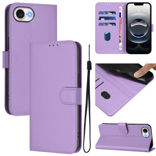 iPhone 17e / 16e Skin Feel Solid Color Leather Phone Case with Lanyard - Lavender Purple