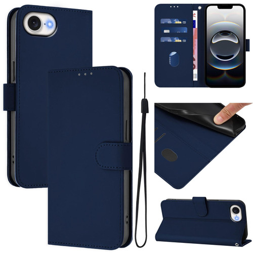 iPhone 17e / 16e Skin Feel Solid Color Leather Phone Case with Lanyard - Navy Blue