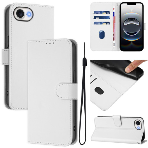 iPhone 17e / 16e Skin Feel Solid Color Leather Phone Case with Lanyard - White