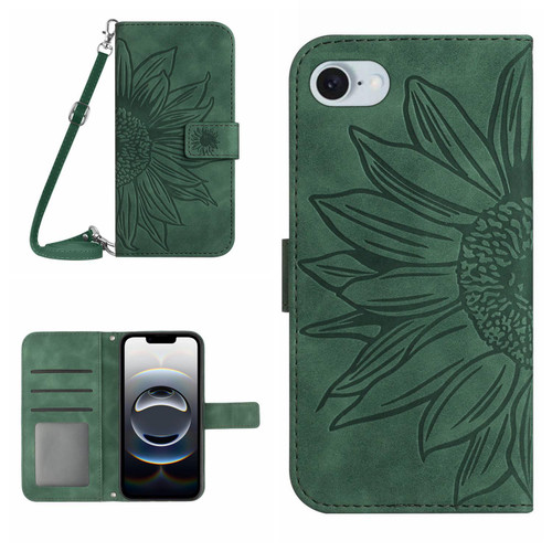 iPhone 17e / 16e Skin Feel Sun Flower Embossed Flip Leather Phone Case with Lanyard - Green