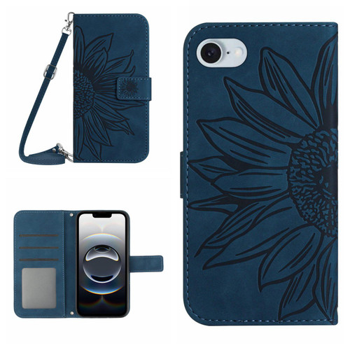 iPhone 17e / 16e Skin Feel Sun Flower Embossed Flip Leather Phone Case with Lanyard - Inky Blue