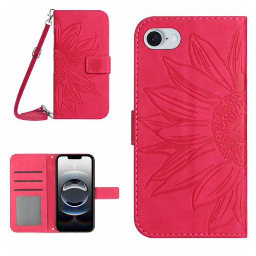 iPhone 17e / 16e Skin Feel Sun Flower Embossed Flip Leather Phone Case with Lanyard - Rose Red