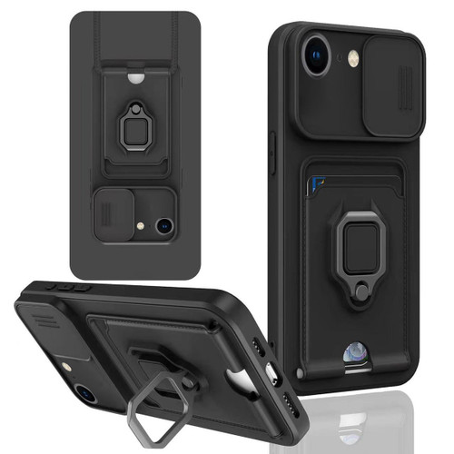 iPhone 17e / 16e Sliding Camshield Magnetic Card Holder Silicone Phone Case - Black