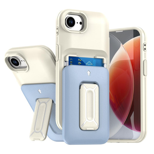 iPhone 17e / 16e Sliding Card Holder Integrated Phone Case with Kickstand - Beige Blue