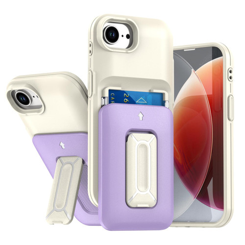 iPhone 17e / 16e Sliding Card Holder Integrated Phone Case with Kickstand - Beige Purple