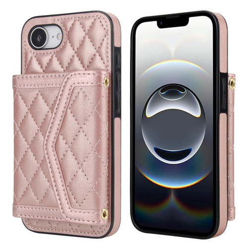iPhone 17e / 16e Splicing Rhombic Texture Card Bag Phone Case with Long Lanyard - Rose Gold