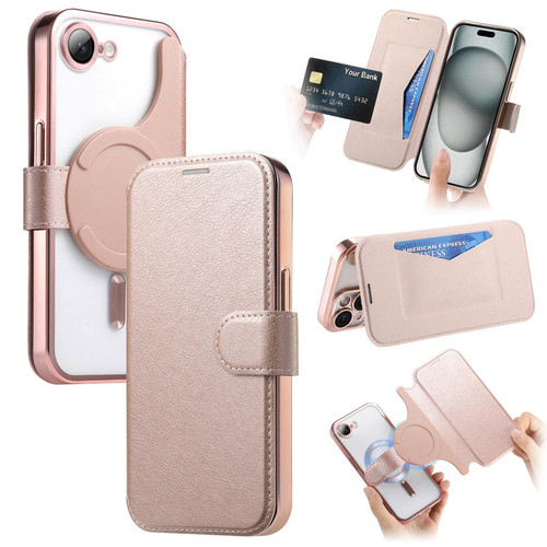 iPhone 17e / 16e Splitable Electroplated MagSafe RFID Anti-theft Leather Phone Case with Lens Film - Rose Gold
