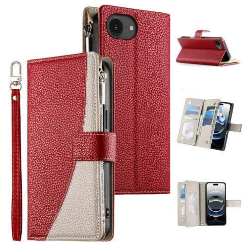 iPhone 17e / 16e Stitching Multi-card Zipper Wallet Leather Phone Case with Short Strap - Red