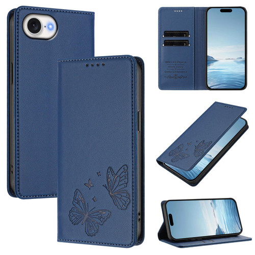 iPhone 17e / 16e Strong Magnetic Dual Butterfly RFID Vegan Leather Phone Case - Dark Blue
