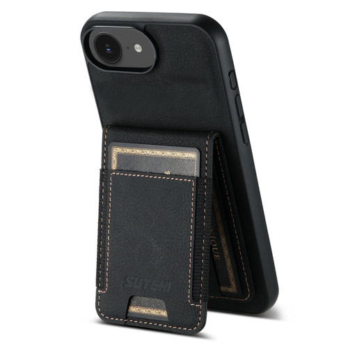 iPhone 17e / 16e Suteni H03 Litchi Leather Card Bag Stand Back Phone Case - Black