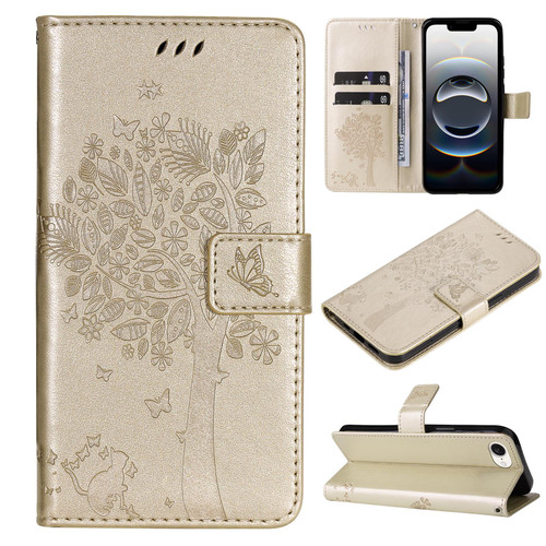 iPhone 17e / 16e Tree & Cat Embossed Pattern Flip Leather Phone Case - Gold