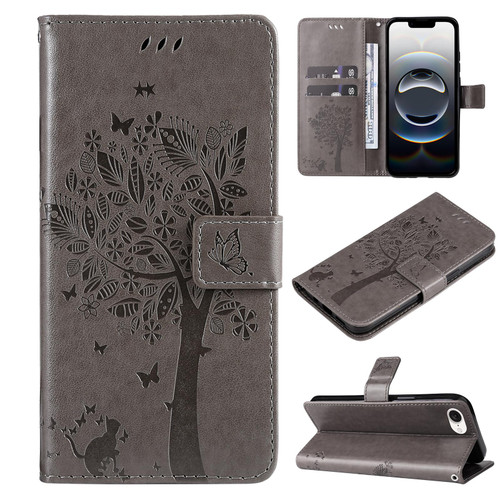 iPhone 17e / 16e Tree & Cat Embossed Pattern Flip Leather Phone Case - Grey