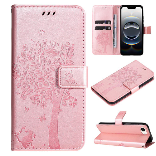 iPhone 17e / 16e Tree & Cat Embossed Pattern Flip Leather Phone Case - Rose Gold