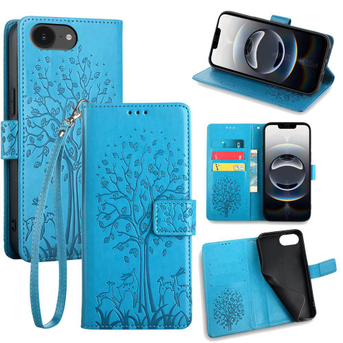 iPhone 17e / 16e Tree & Deer Embossed Leather Phone Case - Blue