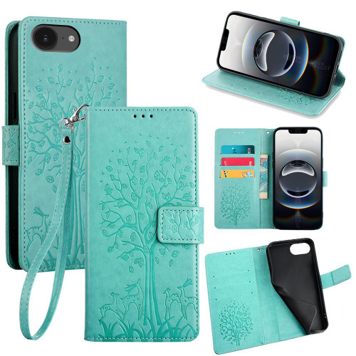iPhone 17e / 16e Tree & Deer Embossed Leather Phone Case - Green