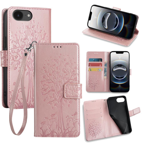 iPhone 17e / 16e Tree & Deer Embossed Leather Phone Case - Rose Gold