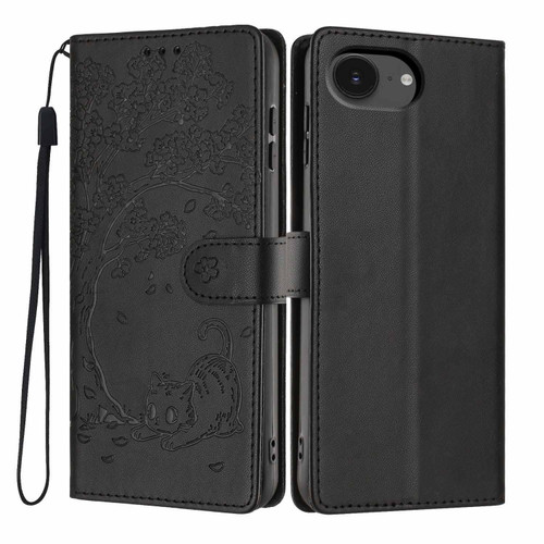 iPhone 17e / 16e Tree Cat Embossed Flip Vegan Leather Phone Case - Black
