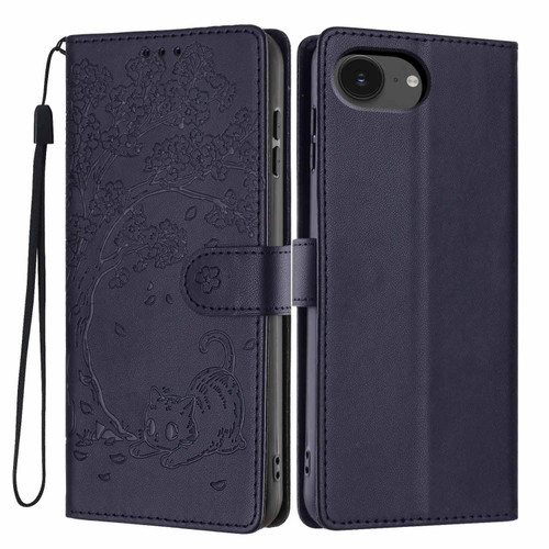 iPhone 17e / 16e Tree Cat Embossed Flip Vegan Leather Phone Case - Dark Blue