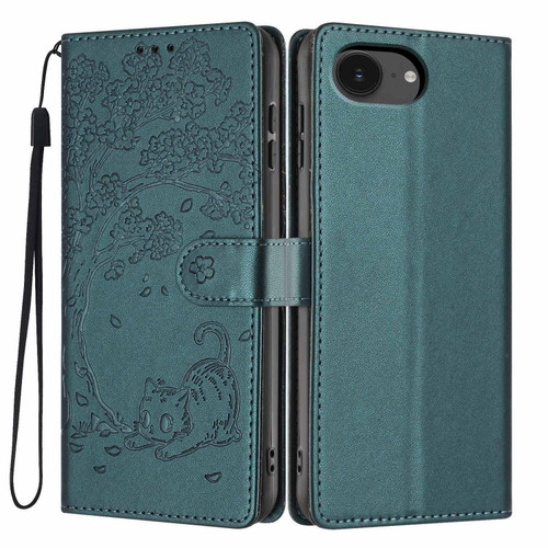 iPhone 17e / 16e Tree Cat Embossed Flip Vegan Leather Phone Case - Deep Green